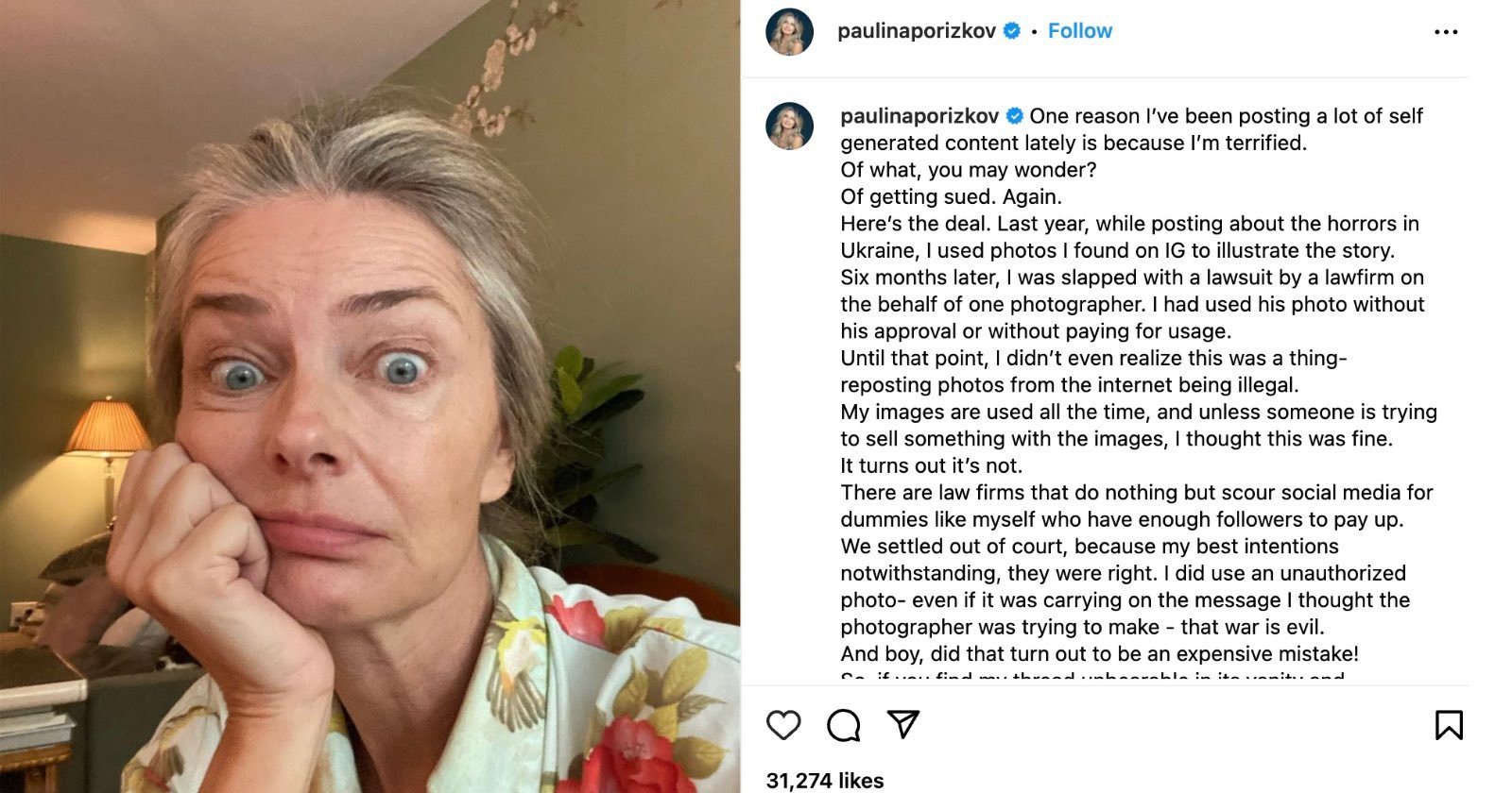 Former supermodel Paulina Porizkova has revealed that she is now terrified of posting on Instagram after she was sued by a photographer.