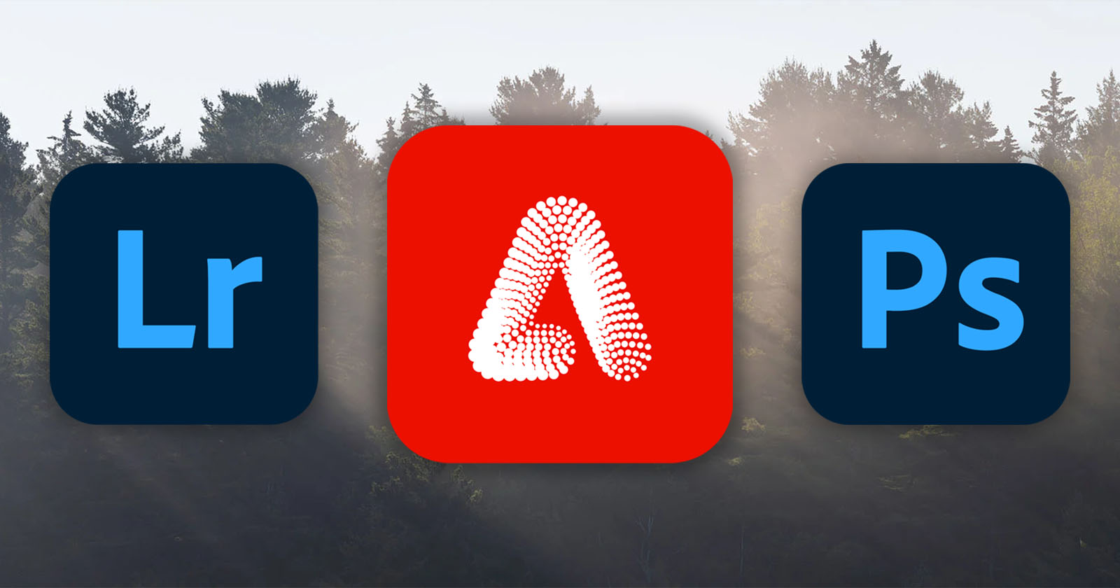 Icons for Adobe Lightroom, Photoshop, and Firefly displayed against a backdrop of trees with sunlight filtering through.