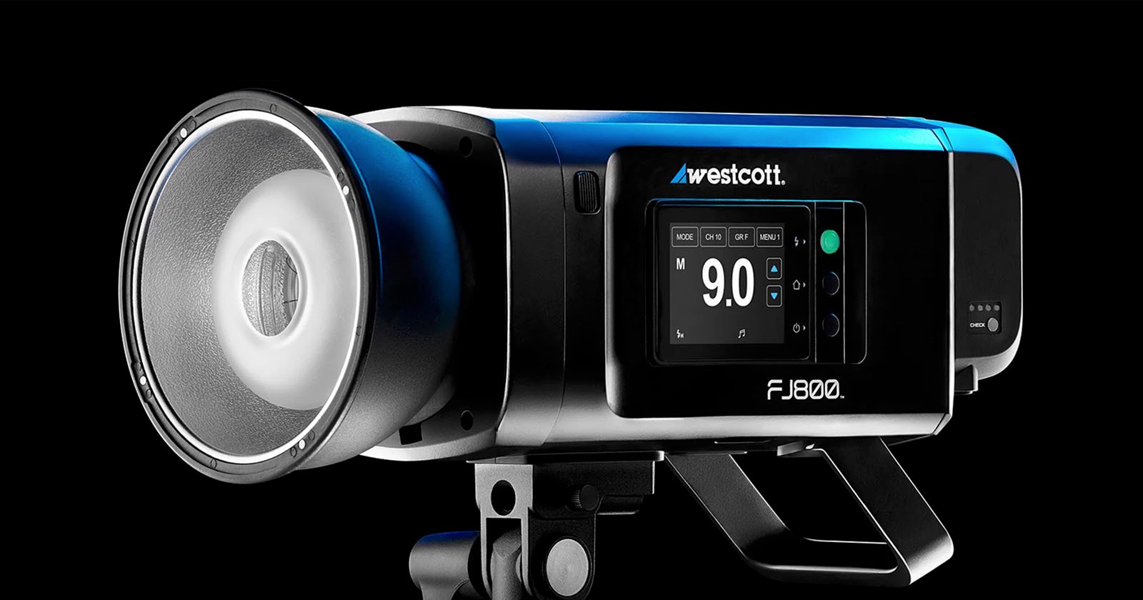 A studio strobe light labeled Westcott FJ800 against a black background. The digital display shows a power setting of 9.0. The device has a sleek design with a mounting bracket.