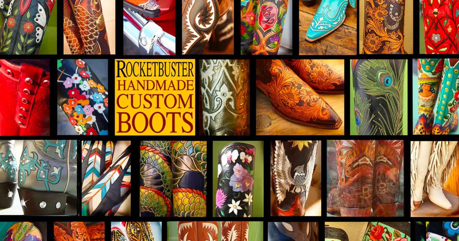 Collage of colorful, intricately designed handmade boots featuring floral, animal, and geometric patterns. Central text reads Rocketbuster Handmade Custom Boots. Various close-up details showcase vibrant embroidery and unique designs.