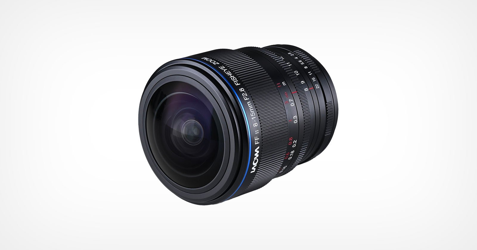 A wide-angle camera lens with black ridged rings, labeled Laowa 15mm f/2.0 FE Zero-D, featuring a blue accent line and red and white markings for focus and aperture settings, isolated on a white background.