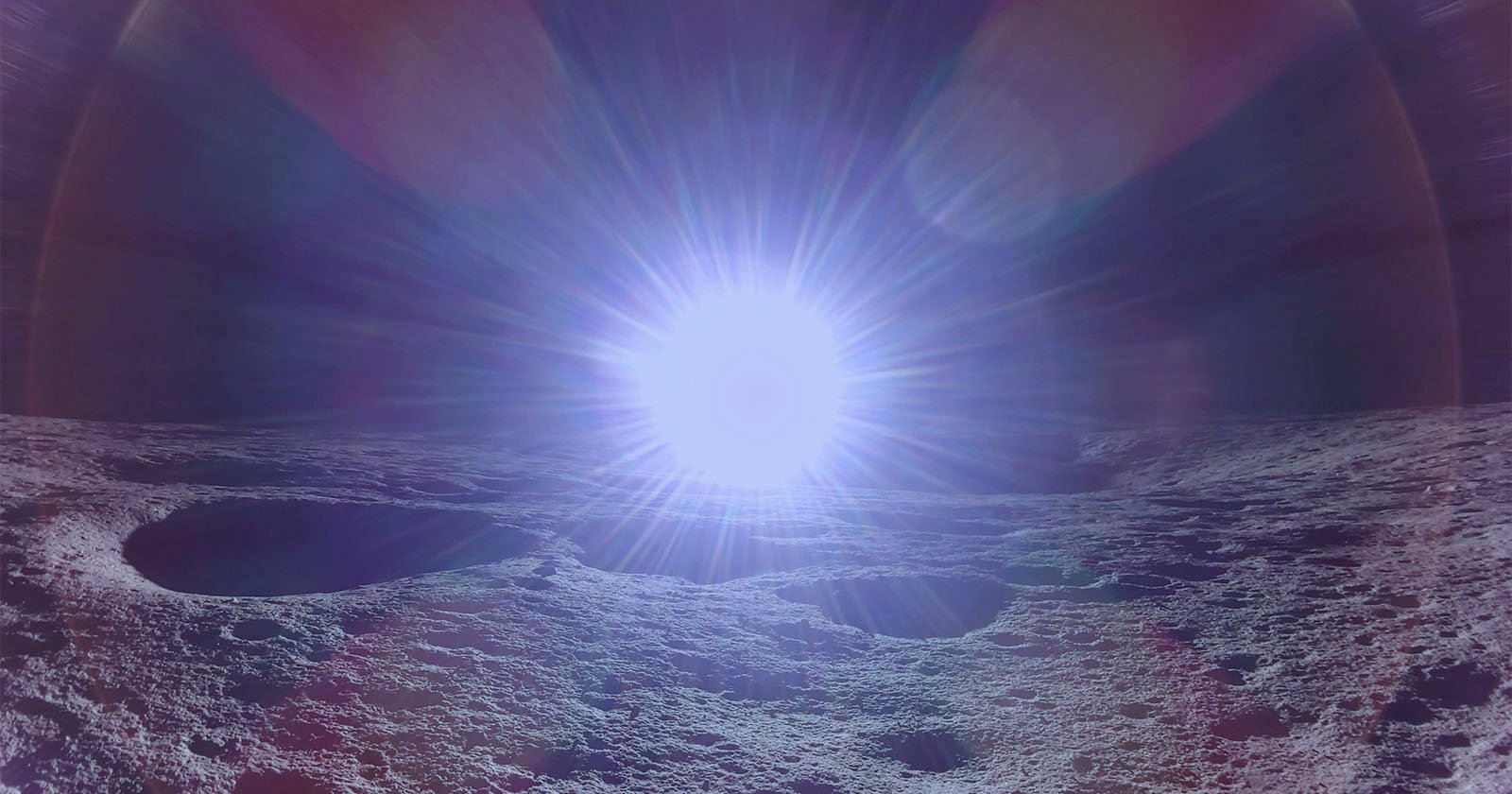 A bright light source creates a lens flare effect over a rocky, cratered surface, resembling a lunar landscape. The light radiates in all directions, dominating the sky and casting shadows across the terrain.