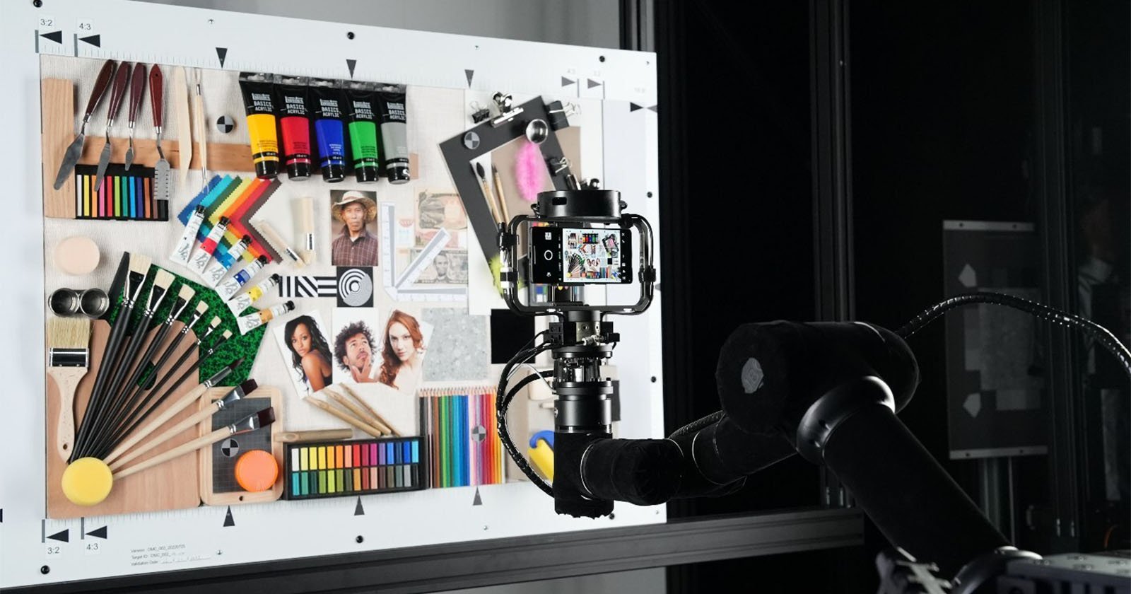 A robotic arm holds a camera aimed at a test board with various art supplies, brushes, color swatches, and photos, used for testing camera quality.