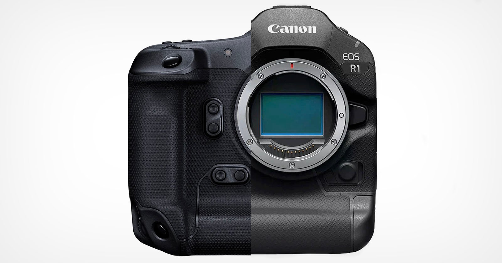 A Canon EOS R1 camera body is displayed against a white background. The camera features a textured grip on the left side and a clean, smooth surface on the right side. The lens mount and sensor are visible.