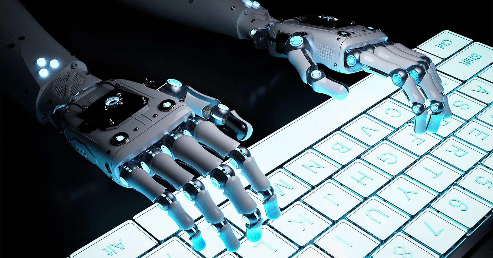Robotic hands typing on an illuminated keyboard, with a dark background highlighting the metallic structure and glowing elements of the robots.