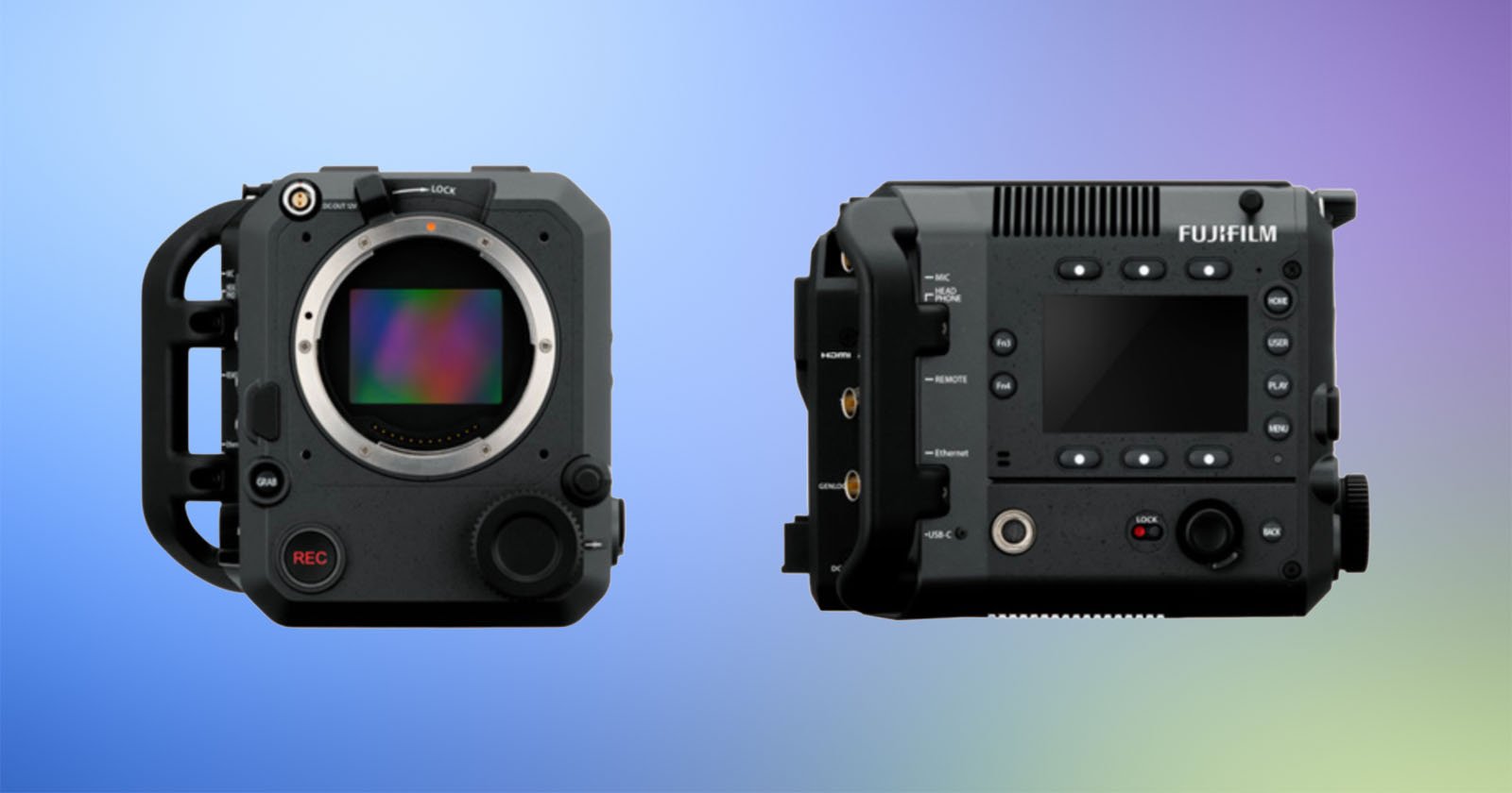 Two components of a Fujifilm camera are displayed: on the left, a lens mount with a handle and REC button; on the right, a rectangular body with an LCD screen and various buttons, set against a gradient blue and purple background.
