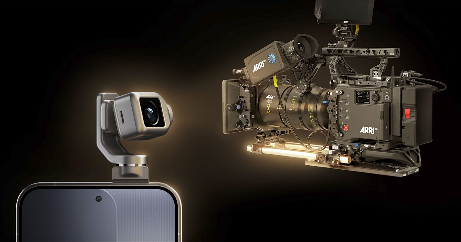 A close-up of a smartphone with a small camera module attached, facing a large professional ARRI cinema camera against a dark background. Both cameras are highlighted, emphasizing a contrast in size and technology.