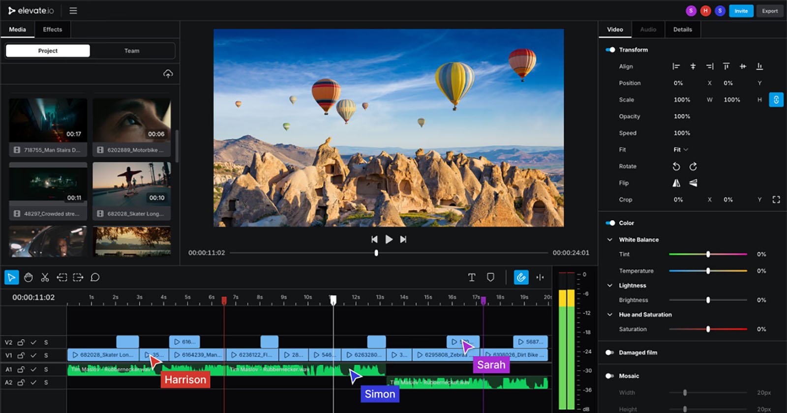 A video editing software interface shows a preview of hot air balloons over rocky hills, timeline with video and audio tracks, and labeled sections for Harrison, Simon, and Sarah. Editing tools and settings are visible on the right panel.
