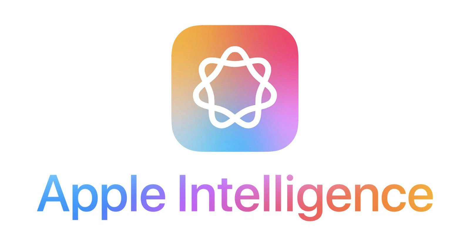 A rounded square icon with a gradient background transitioning from pink to blue. Inside the icon is a white outline of an abstract, interconnected circular design. Below the icon, the text Apple Intelligence is written in gradient colors matching the icon’s background.