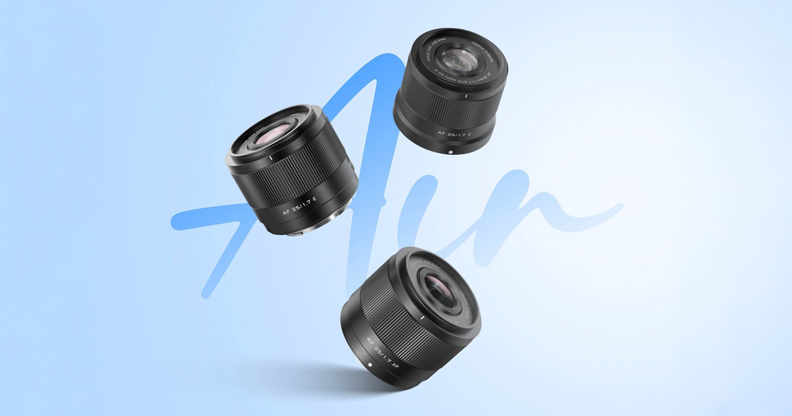 Three camera lenses are floating against a light blue background with a stylized Air text in the middle. The lenses are positioned in different angles, showcasing their glass elements and metallic finishes.