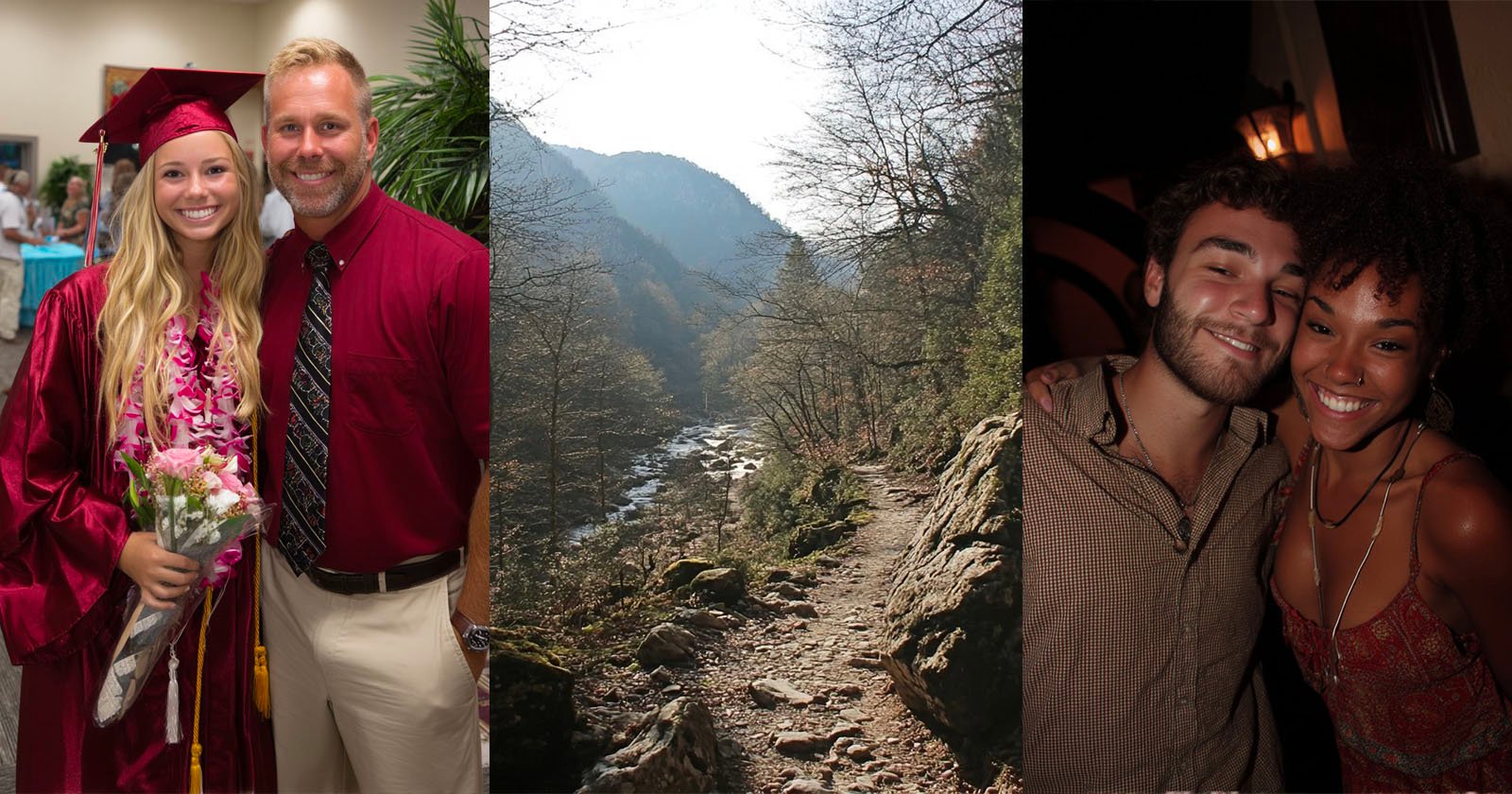 Three-panel image: Left shows a graduate in cap and gown with a man, middle displays a scenic view of a rocky forest path along a river and mountains, right depicts a smiling couple posing closely together in casual attire.