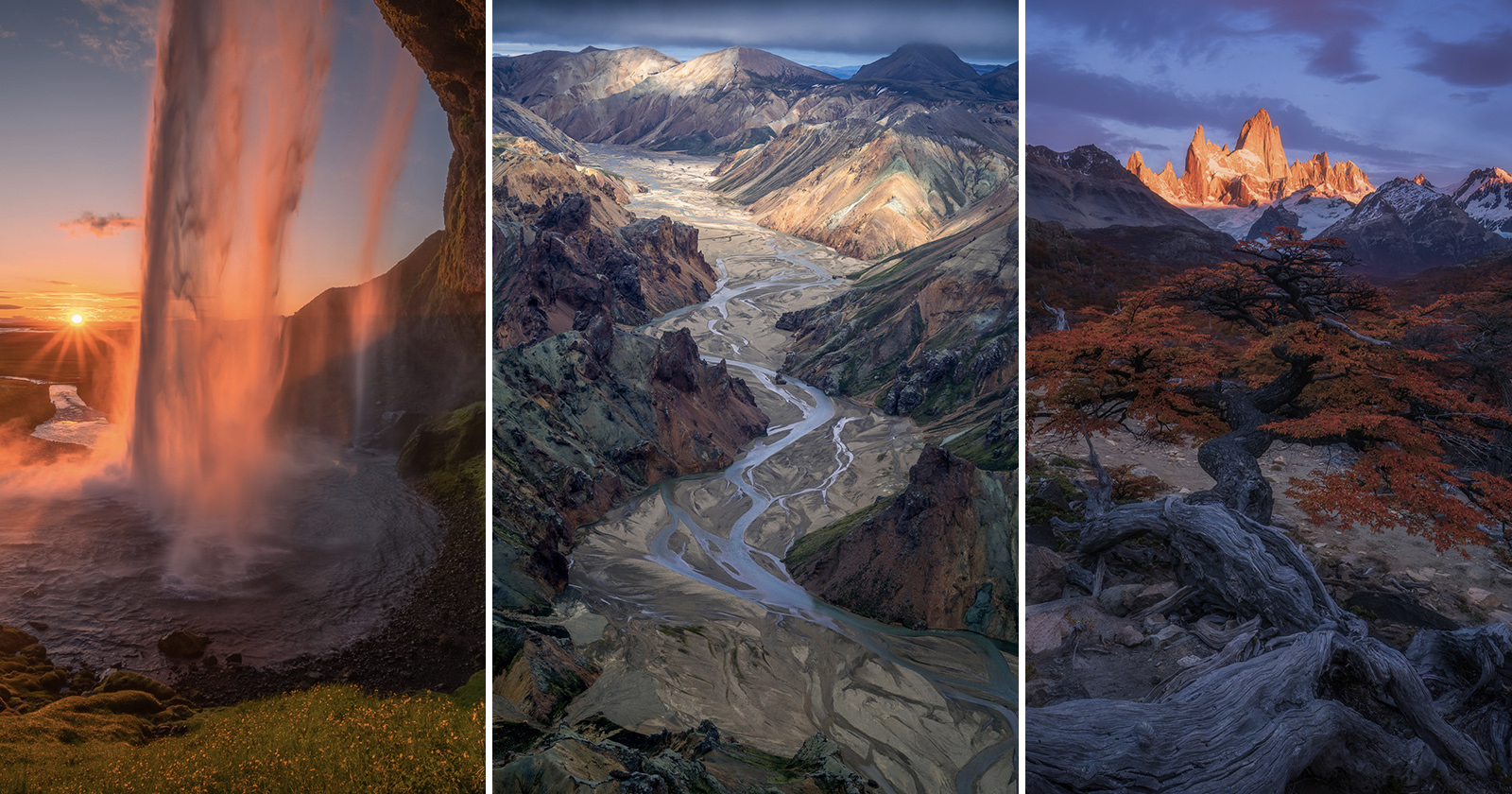 A triptych of landscapes: a waterfall at sunset, a winding river through colorful mountains, and a mountain peak with autumn trees at dusk. A triptych of landscapes: a waterfall at sunset, a winding river through colorful mountains, and a mountain peak with autumn trees at dusk.
