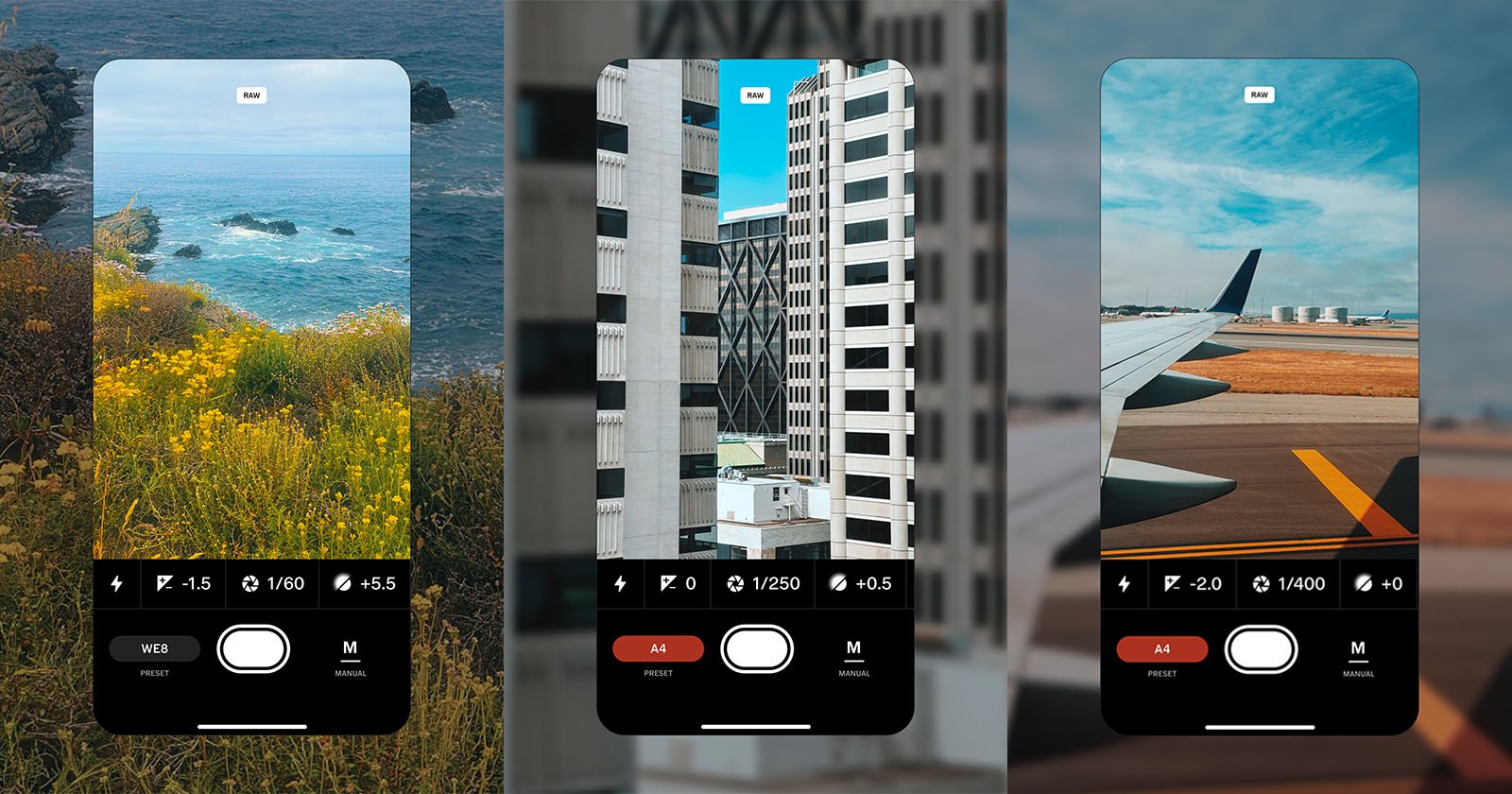 Three smartphone screens display camera interfaces capturing different scenes: a coastal landscape, tall city buildings, and an airplane wing on a runway, each showing different camera settings.