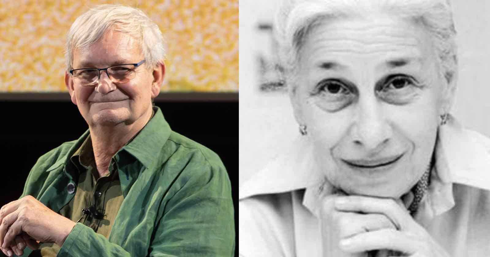 An elderly man in glasses and a green jacket smiles against a patterned background. Beside him, a black and white photo of an elderly woman with light hair and a thoughtful expression on her face.
