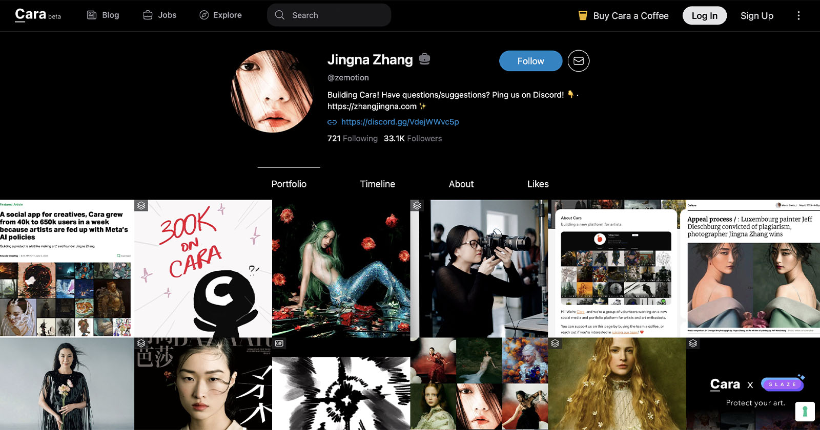 A screenshot of a social media profile page for Cara, a verified user with the handle @zemotion. The page showcases a portfolio of various artistic photos and has options for viewing Cara's portfolio, timeline, friends, and likes. The top banner features a profile picture of a person and links to buy Cara a coffee and sign up. The bio reads: “Building Carai. Have questions? Ping us on Discord! https://zingchartang.com.” The portfolio includes a variety of artistic images, with one prominently mentioning 300K on CARA.