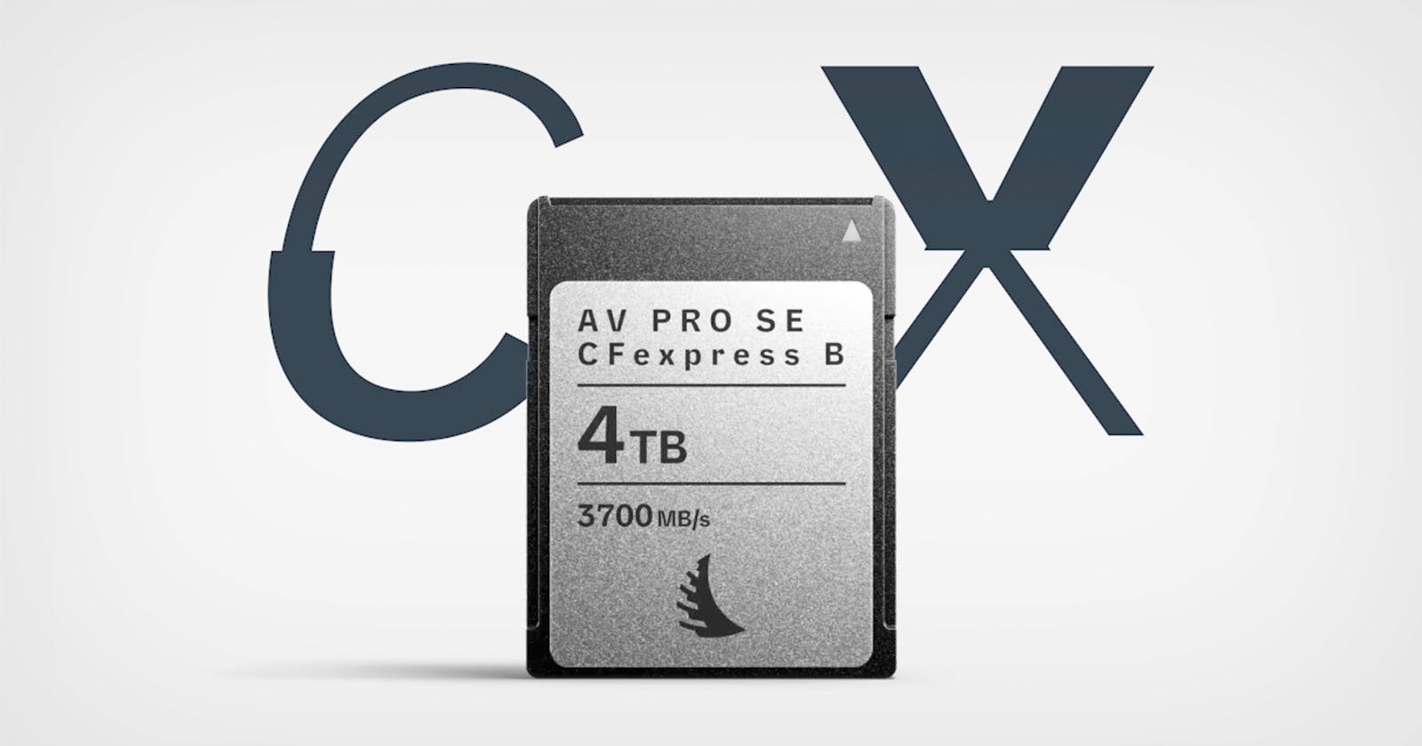 An AV PRO SE CFexpress B memory card with a capacity of 4TB is displayed against a light background. The card features a transfer speed of 3700 MB/s and a logo with a bird silhouette. Large letters C and X are in the background.