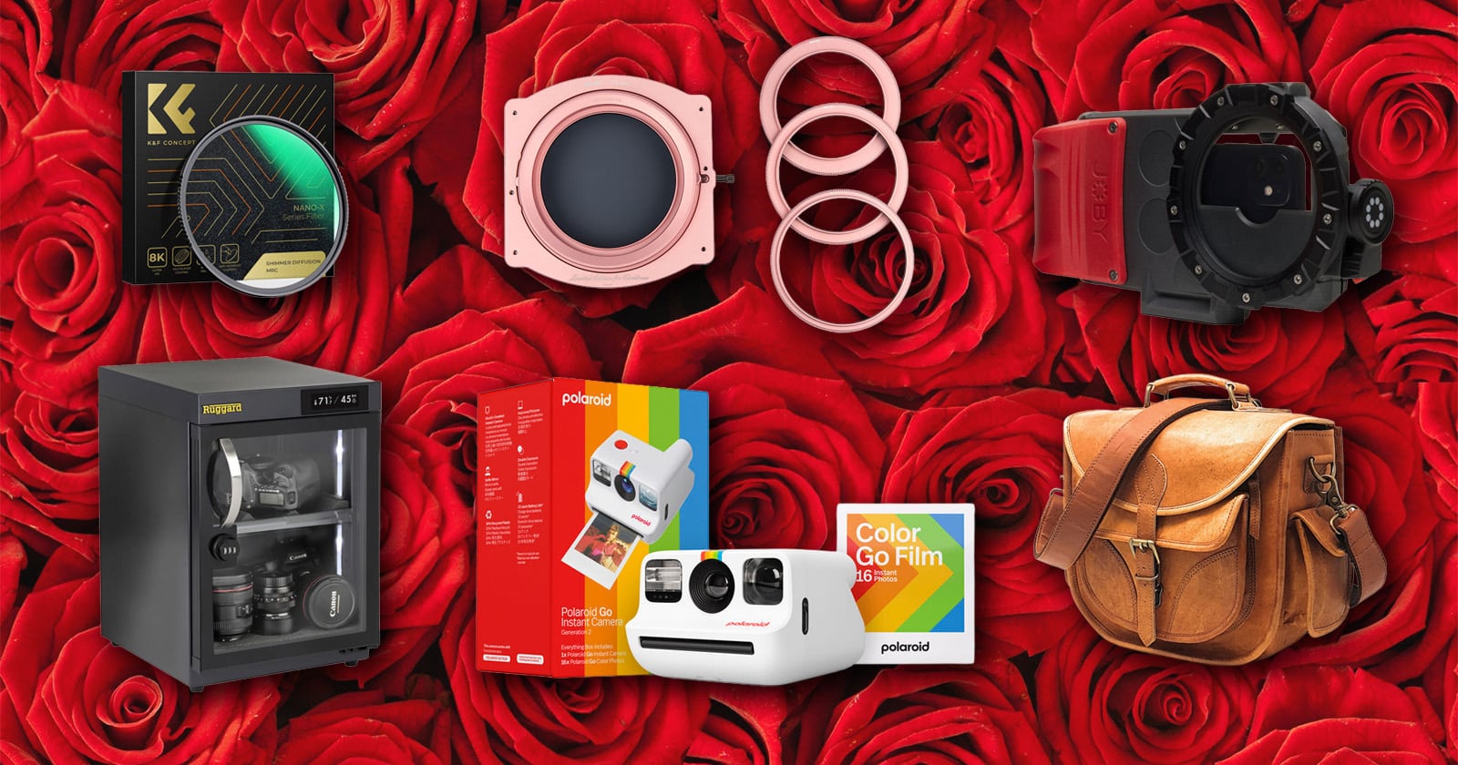 A collage of photography gear and accessories, including filters, camera housing, a film camera, film packs, a dry cabinet, rings, and a leather camera bag, arranged on a red rose background.