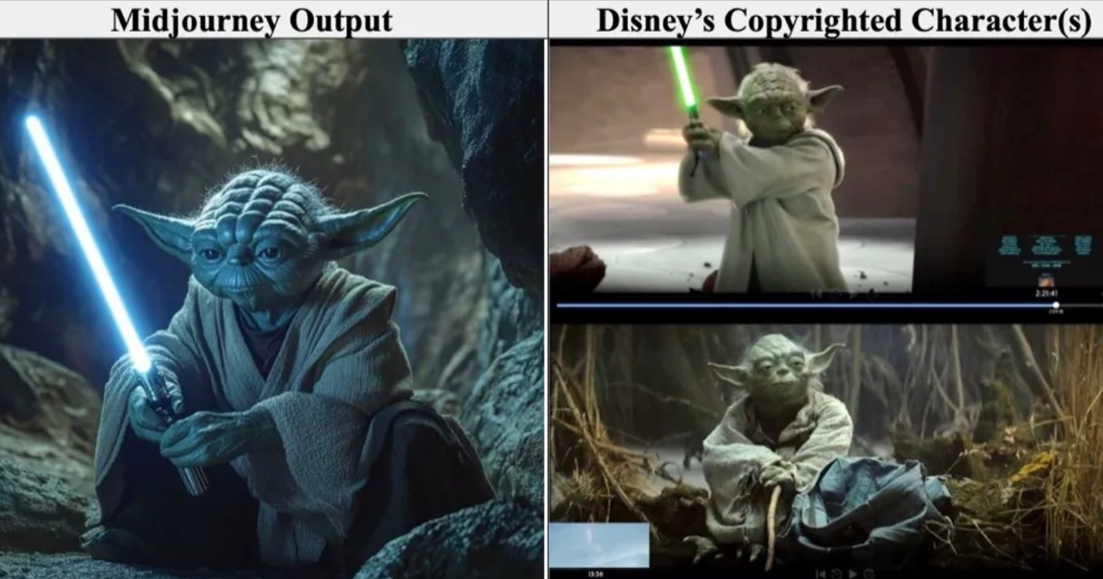 Side-by-side comparison showing a digital artwork of a Yoda-like character with a blue lightsaber on the left, and two images of Yoda from Star Wars with a green lightsaber on the right.