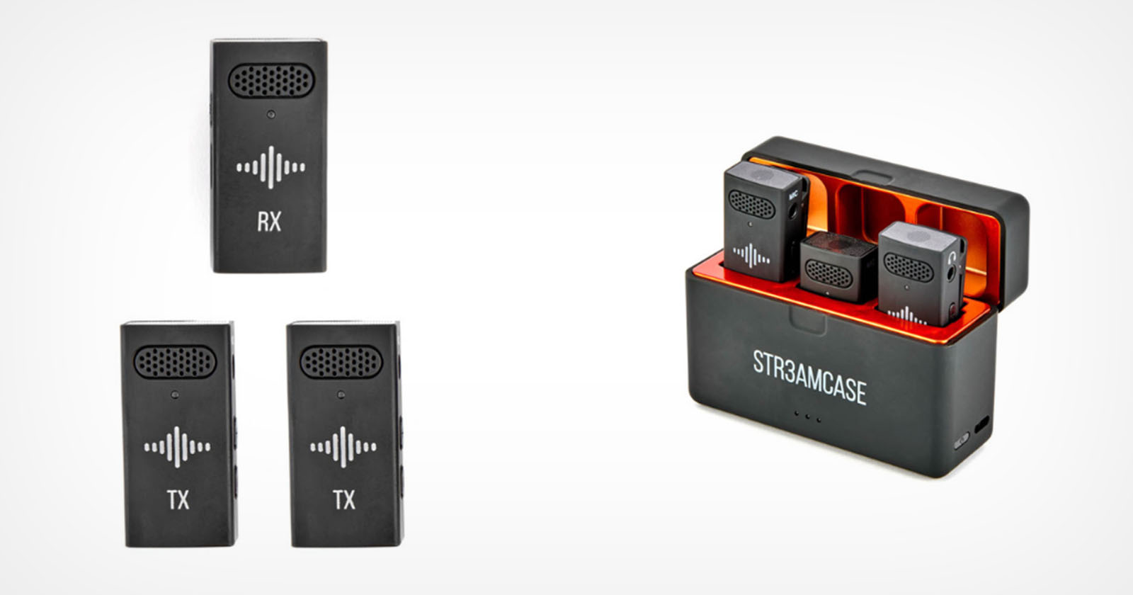 Three black wireless microphone transmitters with a receiver, displaying signal icons. Next to them is an open black charging case with red lining labeled STR3AMCASE, holding the devices securely inside.