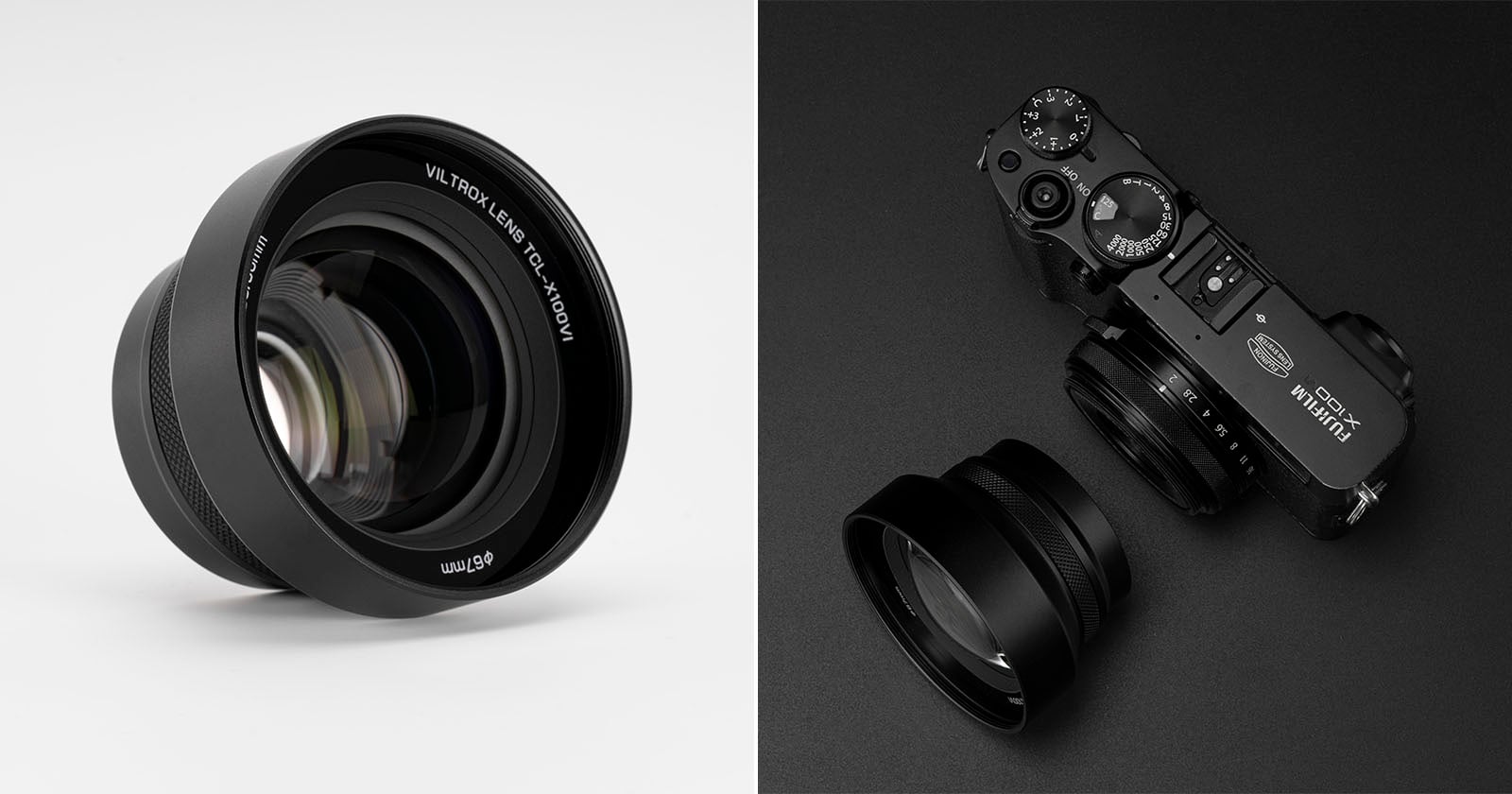 Left: A close-up of a camera lens with VILTROX and 85mm markings. Right: A black mirrorless camera with dials, displayed next to a detached lens on a dark surface.