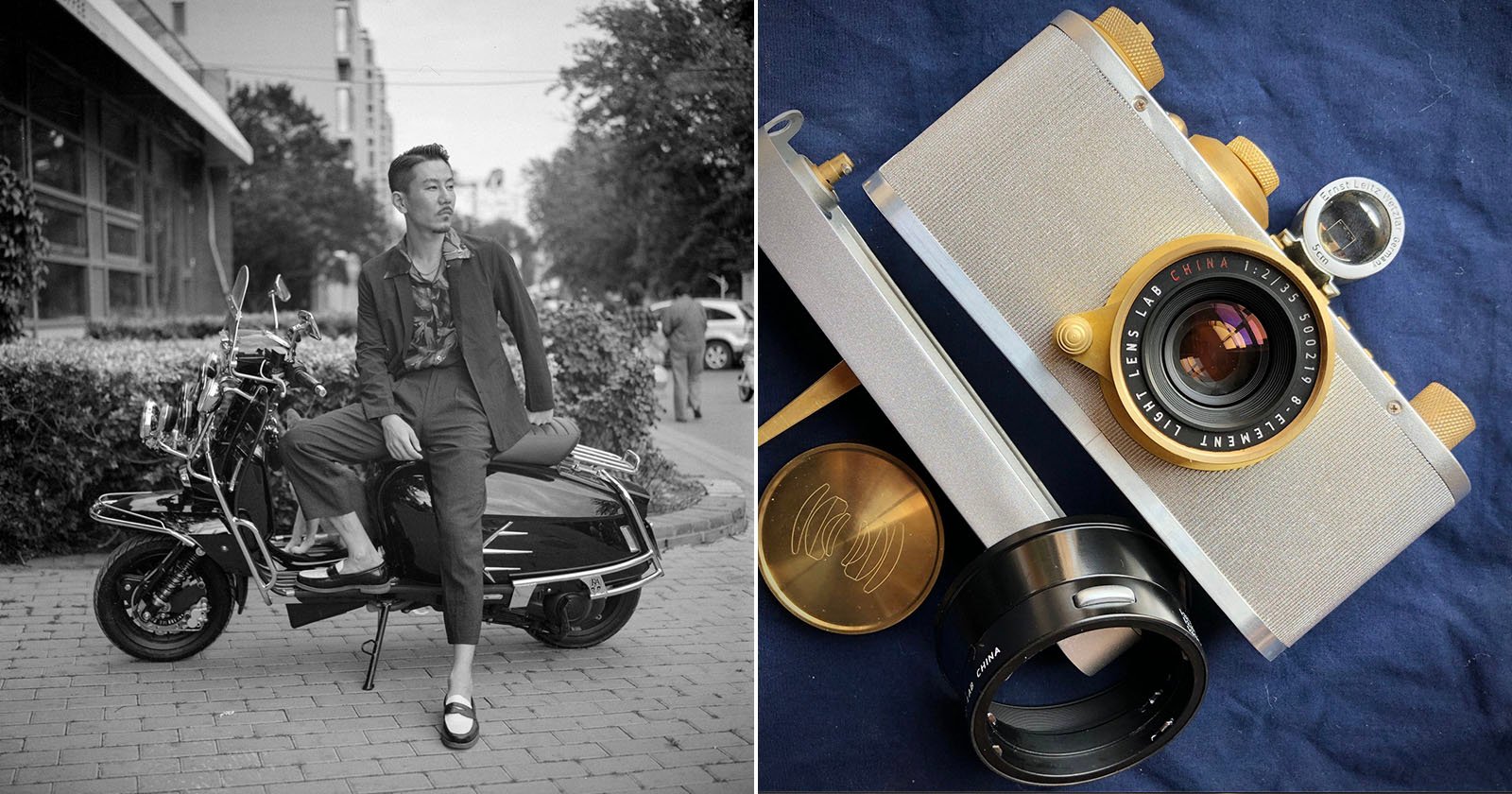 A black-and-white photo of a stylish man sitting on a parked scooter is on the left; on the right, a close-up color photo shows a vintage-style camera with gold and beige accents.
