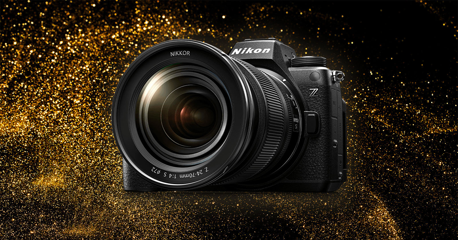 A Nikon camera with a large lens is displayed against a glittering gold background. The camera has a prominent Nikon logo and a Z series mark, indicating it is part of Nikon's Z series lineup. The lens reads NIKKOR 24-70mm.