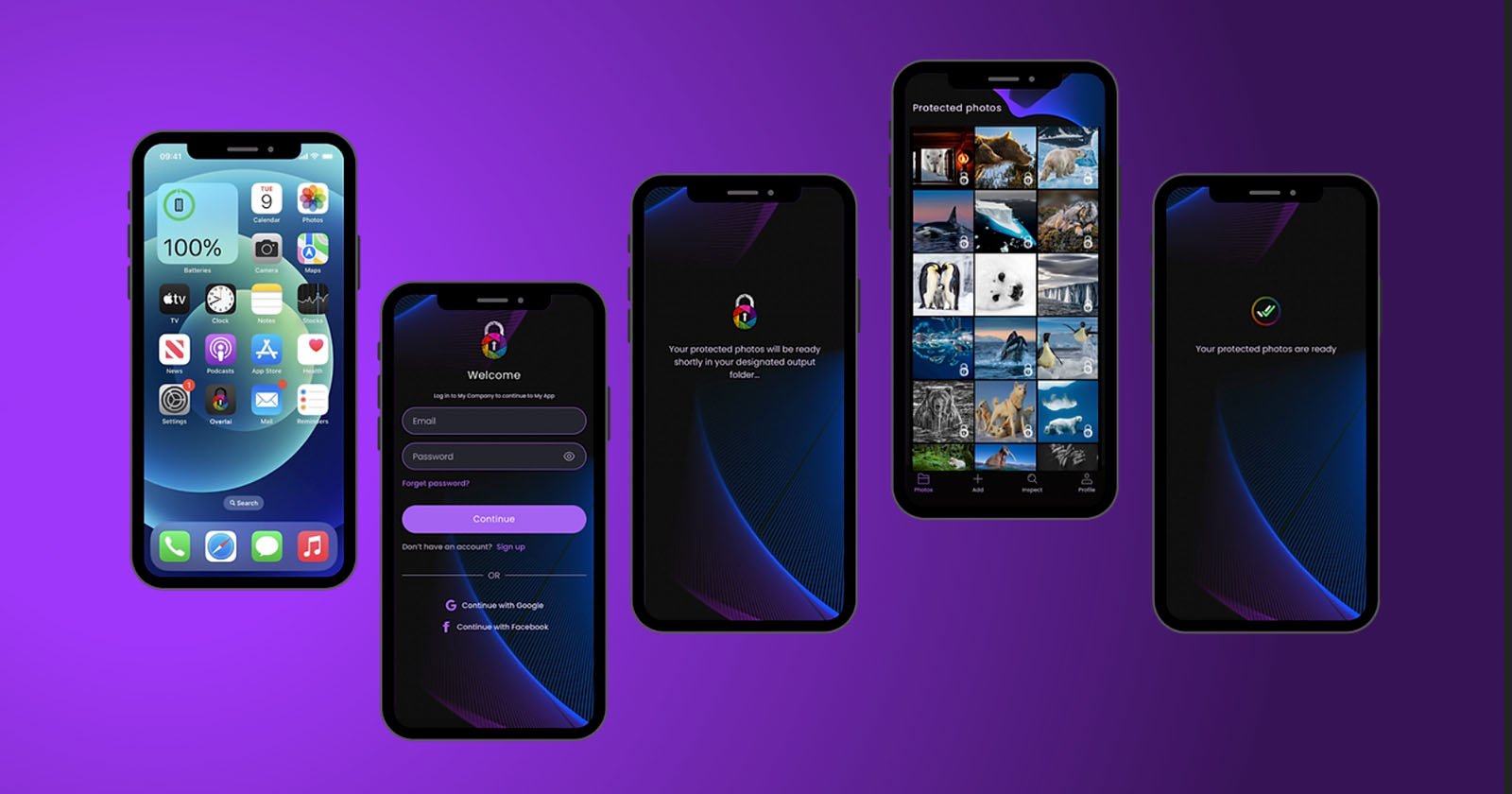 A purple gradient background displays five smartphones. Each screen illustrates a different app interface, including a home screen with app icons, two login screens, an album of protected photos, and a notification screen confirming weekly photo protection.
