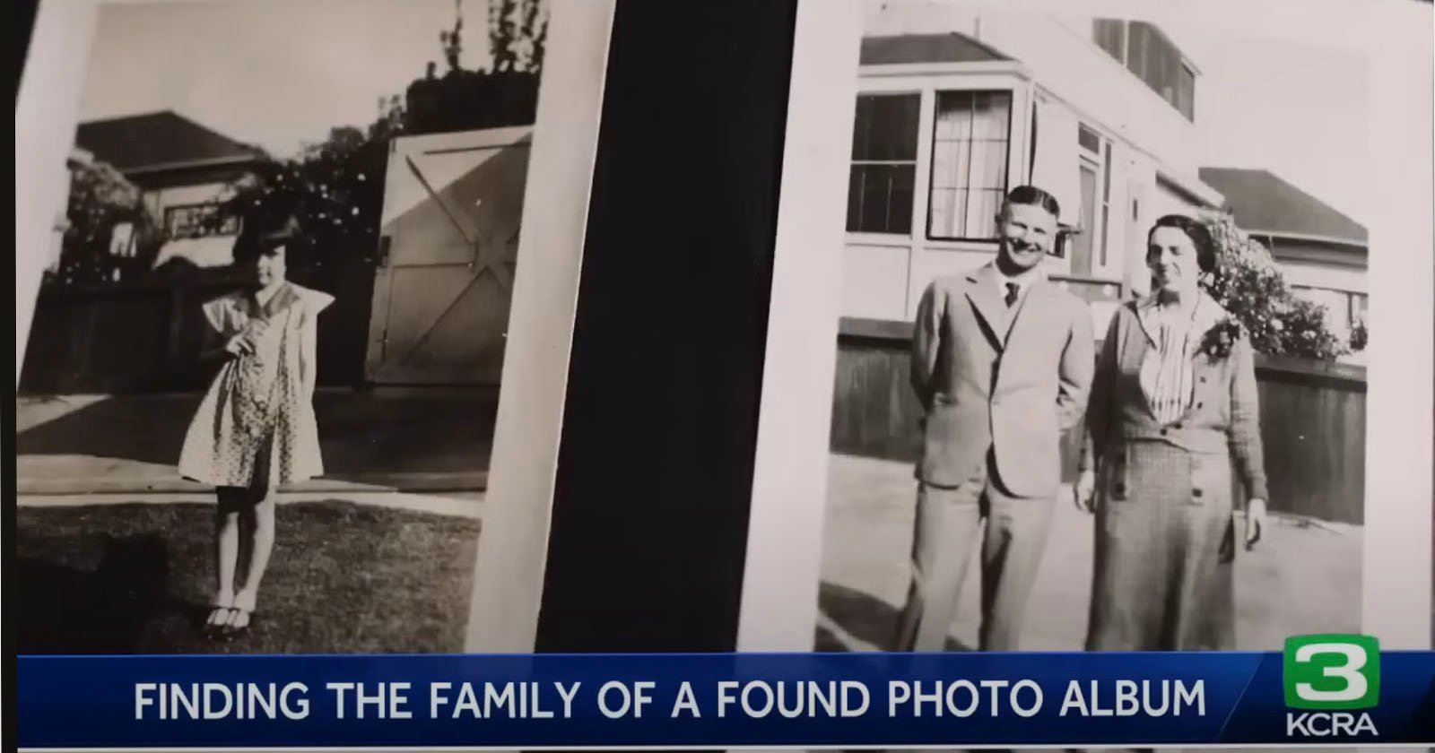 Two black-and-white photos: one of a young girl standing outside, and one of a man and woman in formal attire. News headline at bottom reads, Finding the family of a found photo album, with the KCRA 3 logo.
