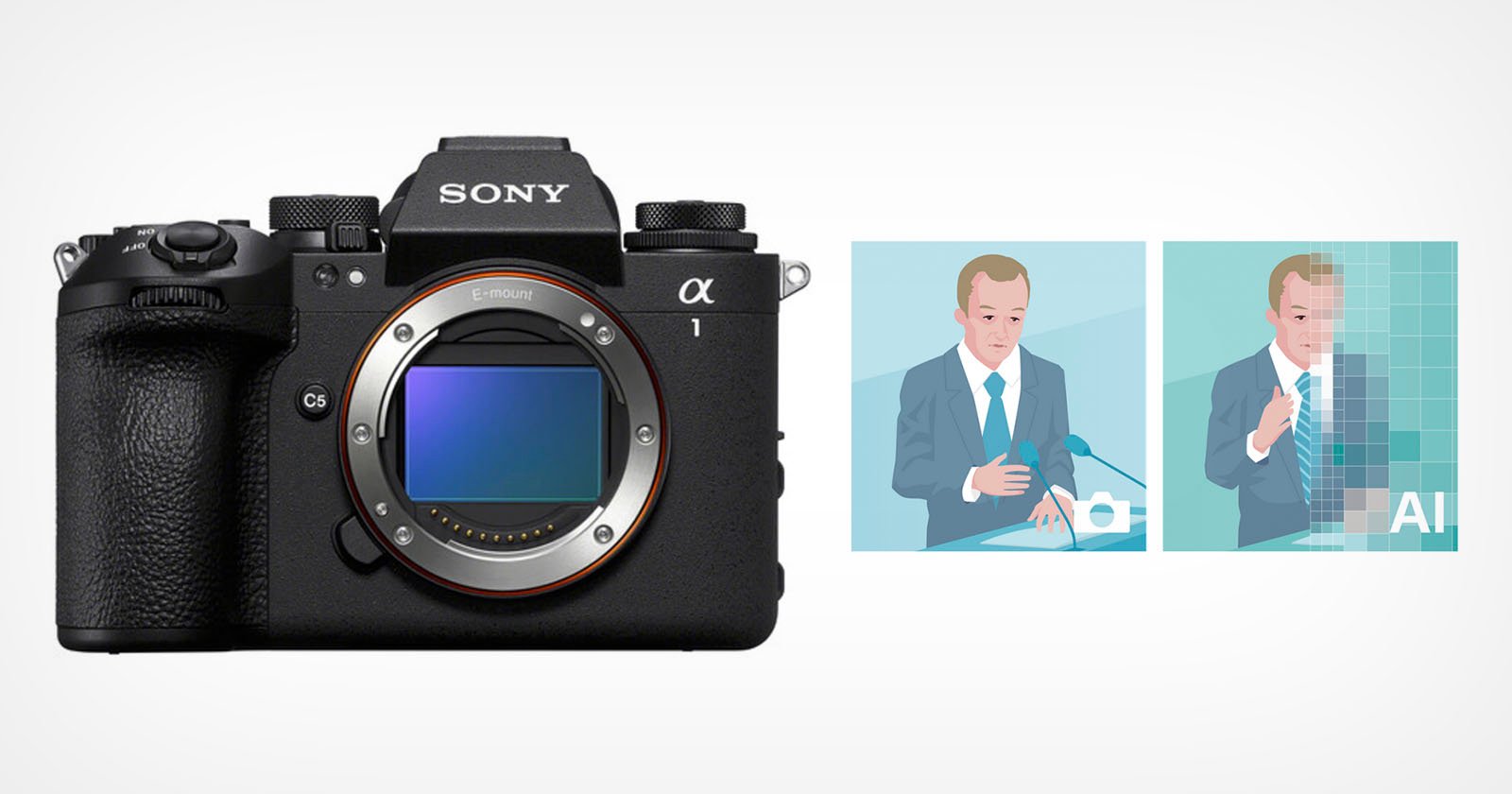 Image of a Sony Alpha camera on the left. To the right, two illustrations show a person giving a speech: the first is clear, the second is pixelated with AI text, suggesting artificial intelligence processing.