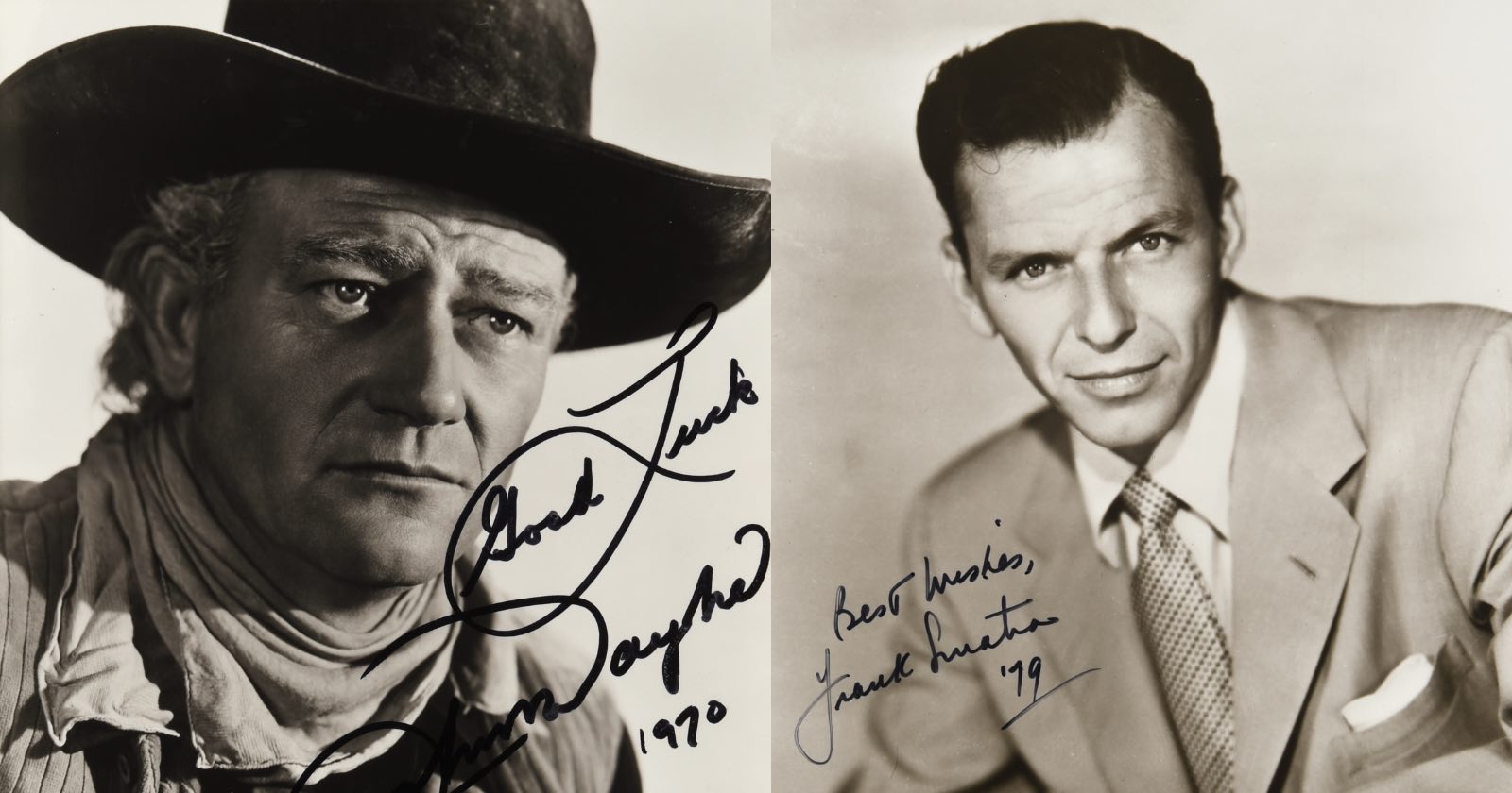 A black-and-white photo collage features two men in suits, both with serious expressions. Each photo has a handwritten autograph and message on it. The left man wears a cowboy hat; the right man is in a light-colored suit.