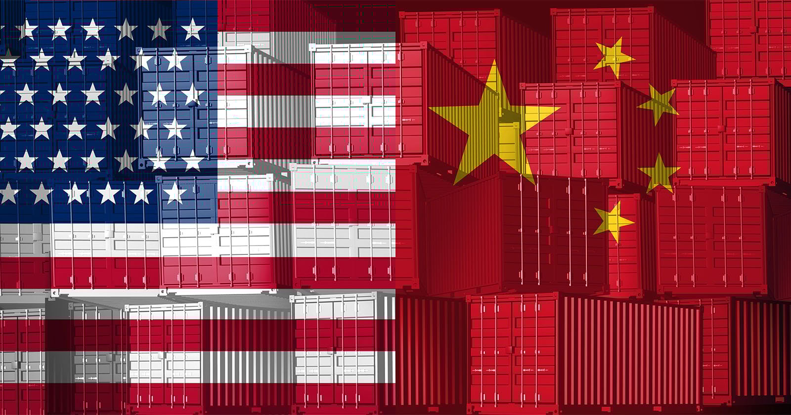 A collage of shipping containers with the United States flag on the left and the China flag on the right, symbolizing trade relations between the two countries.