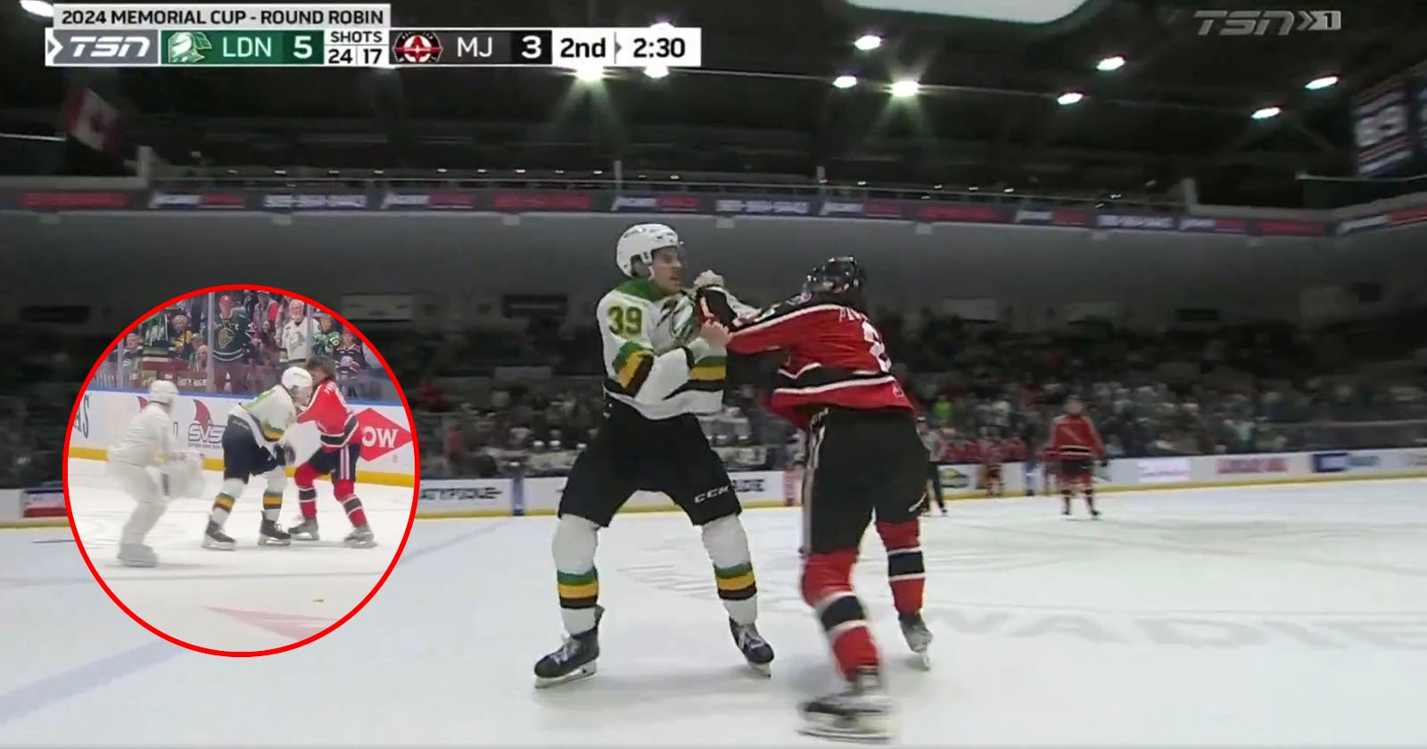 Screenshot of a televised ice hockey game between London and MJ. Two players are engaged in a fight on the ice, with one player in a yellow and green jersey and the other in a red and black jersey. A circular insert shows a close-up of the same fight.