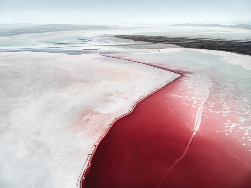 An abstract aerial photo of salt evaporation ponds at the Great Salt Lake in Utah