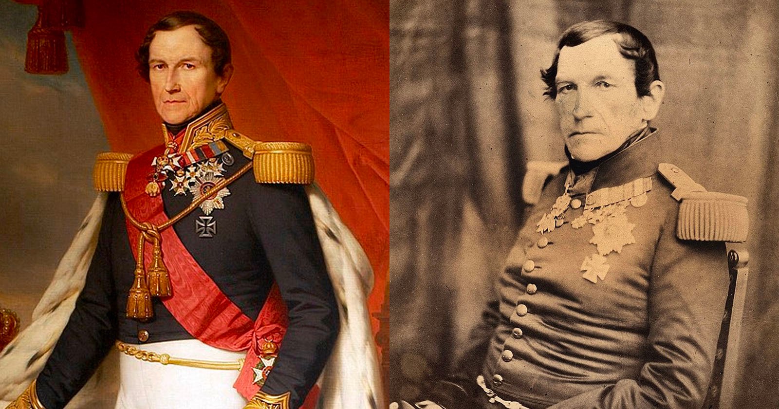 A side-by-side comparison of a painted portrait and a sepia-toned photograph of the same military officer in decorated uniform with medals and shoulder epaulettes.