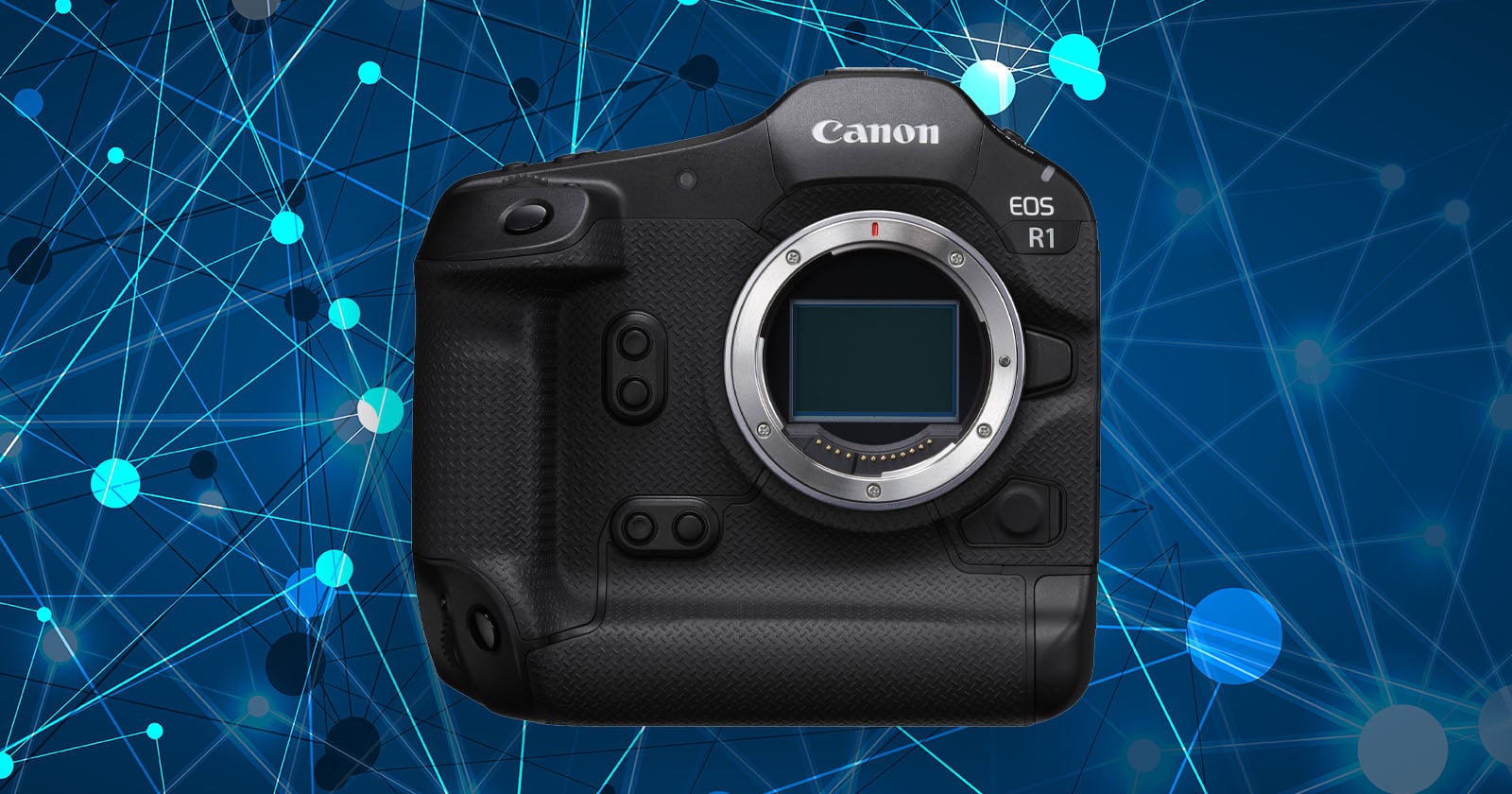 A Canon EOS R1 camera body without a lens is shown against a blue background with interconnected digital network lines and circles.