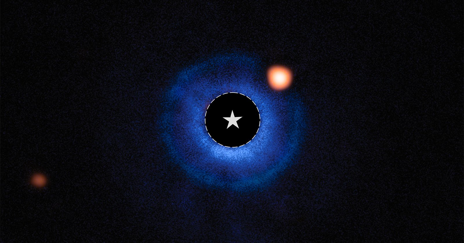 A bright orange planet appears in the upper right of the image, orbiting a central star obscured by a black circle, with faint blue rings of dust and gas surrounding the star against a dark background.