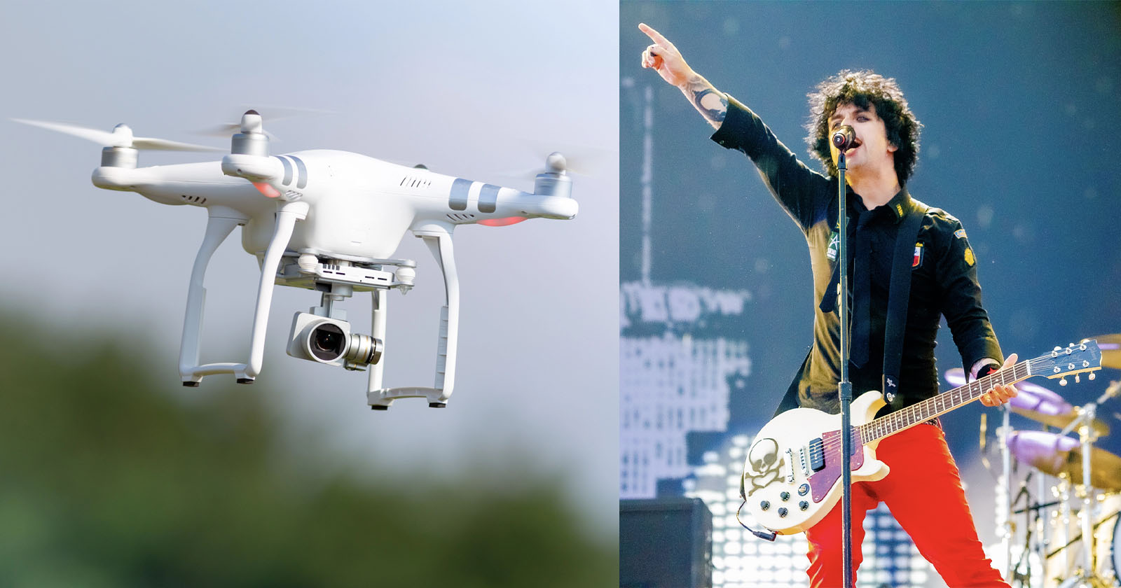 On the left, a drone is flying in the sky with a camera attached below. On the right, a musician with curly hair and casual attire points upwards with their right hand while holding a white guitar, performing energetically on stage.