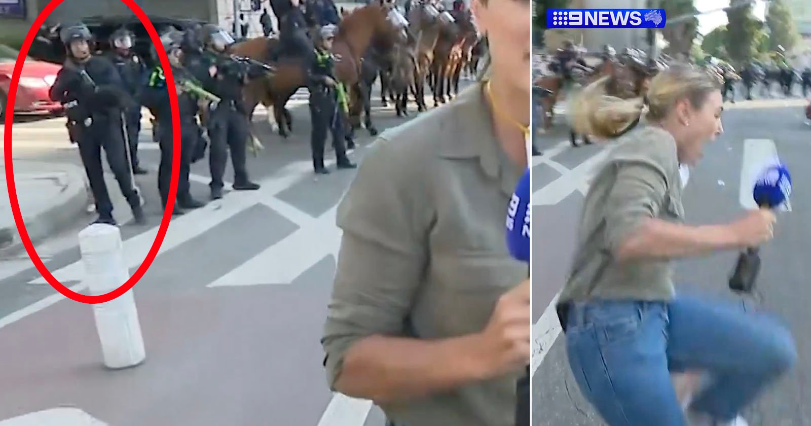 A news reporter recoils in pain on a city street as police in riot gear and mounted officers stand in the background; the reporter holds a 9News microphone.