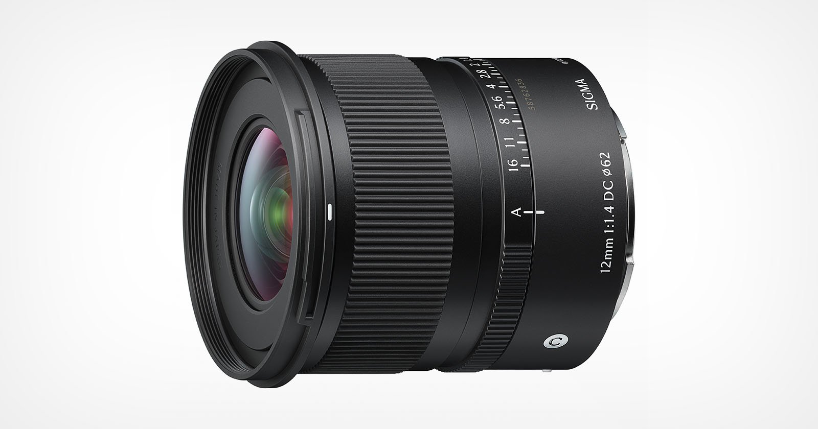 A black Sigma camera lens with 12mm 1:1.4 DC DN ø62 marked on the side, featuring a textured focus ring and aperture markings, shown against a plain white background.
