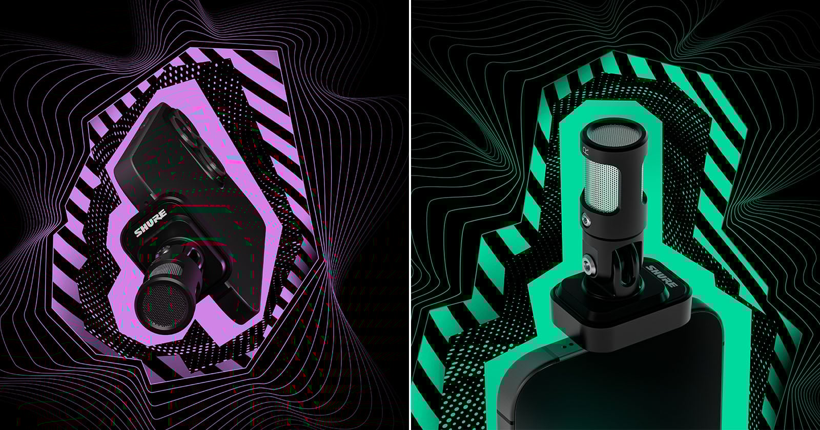 Side-by-side image of two microphones on abstract wavy backgrounds: the left mic is surrounded by purple lines, while the right mic is encircled by green lines, both with a futuristic, digital design.