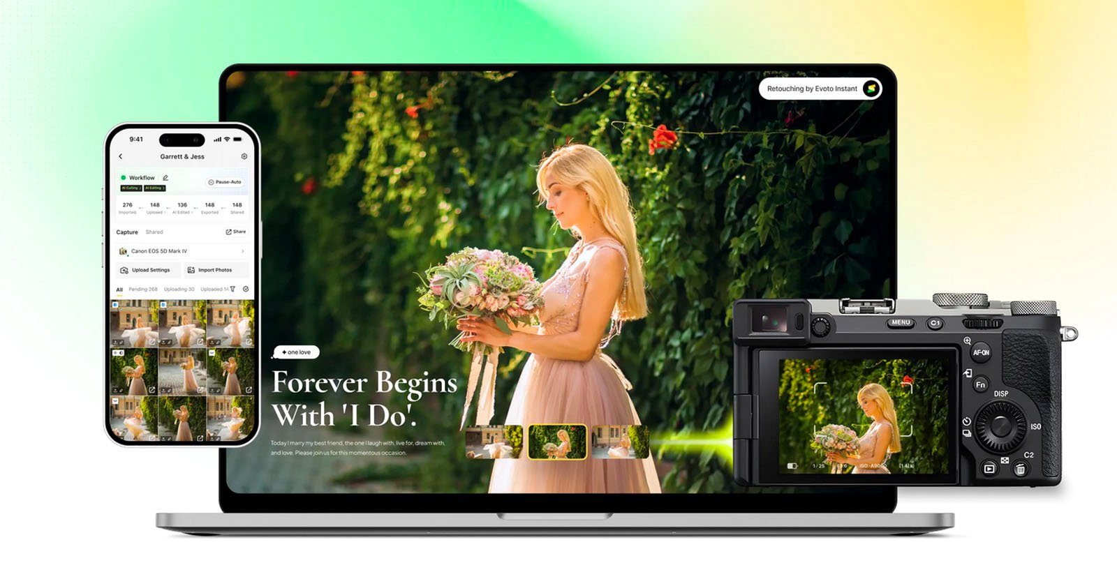 A smartphone, laptop, and camera display a wedding photoshoot featuring a bride in a light pink dress holding a bouquet, with greenery and sunlight in the background.