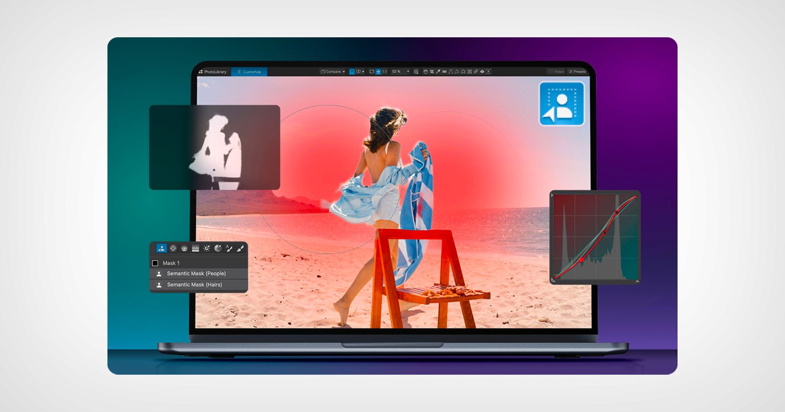 A laptop screen displays a photo editing software with an image of a woman at the beach. Editing tools, selection outlines, a curves adjustment graph, and silhouette icons are overlaid on the image.