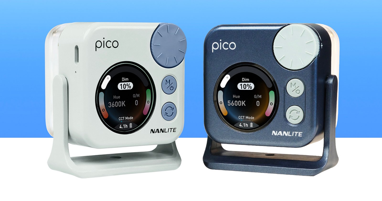 Two compact Nanlite Pico LED light controllers, one white and one dark blue, each with a round display showing brightness and color settings, on a blue and white gradient background.