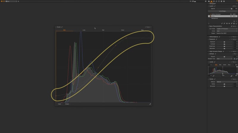 A screenshot of using Curves to edit a photo in Capture One 22