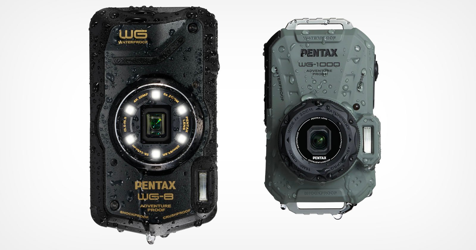 The image displays two rugged, waterproof cameras by Pentax, specifically the WG-8 (left) and WG-1000 (right). Both cameras have water droplets on them, highlighting their durability and outdoor-proof design. The WG-8 is black while the WG-1000 is gray.