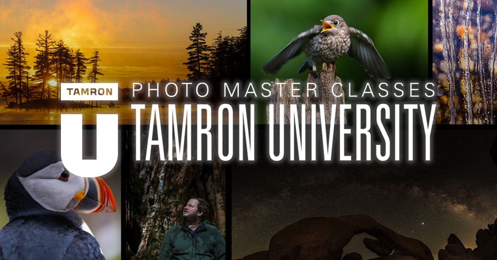A collage of nature and wildlife photos with the text Tamron Photo Master Classes and Tamron University in large letters across the center.