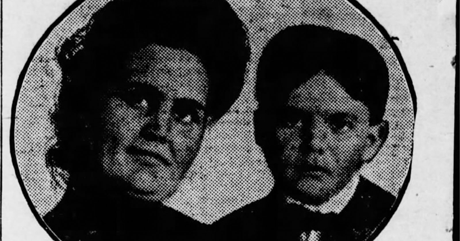 A black and white image shows a close-up of two individuals, a woman on the left and a child on the right. The woman has dark, voluminous hair and the child has short, neatly combed hair. Both individuals are dressed in formal clothing.