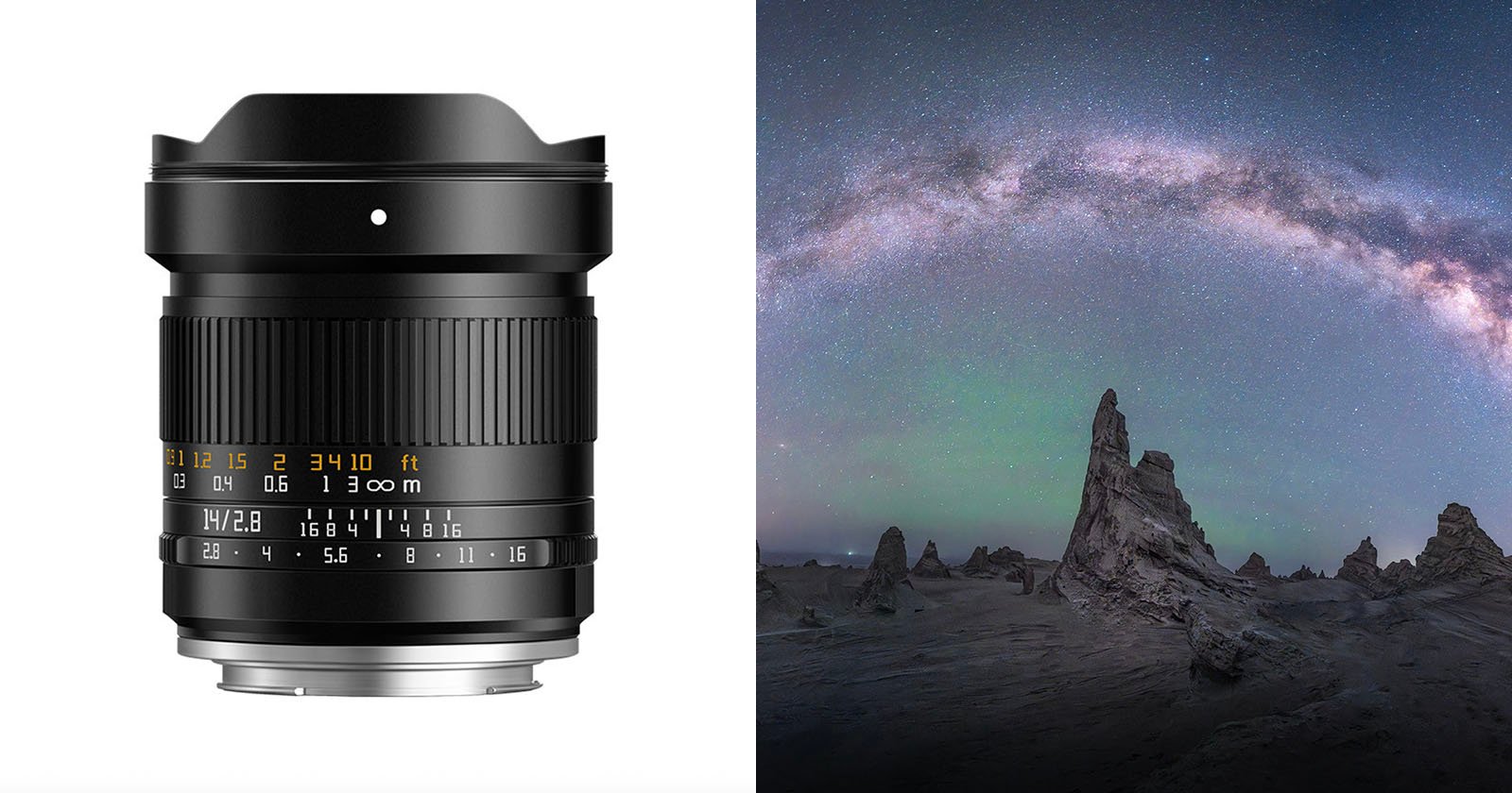 Left: A wide-angle camera lens with distance and aperture markings. Right: A night landscape with rocky spires under a star-filled sky and a bright Milky Way arc.