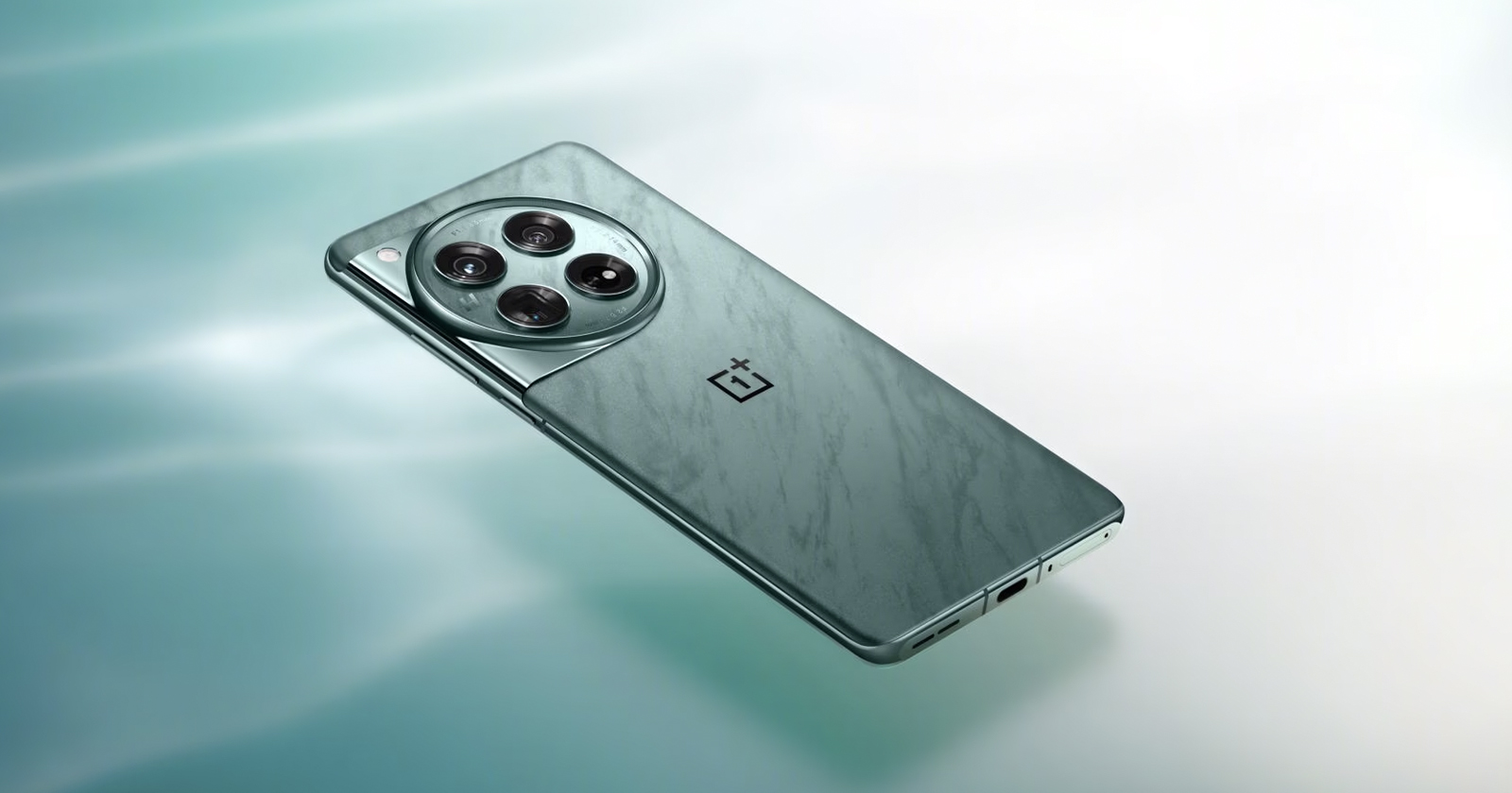 The OnePlus 12 phone against an aqua to white gradient.