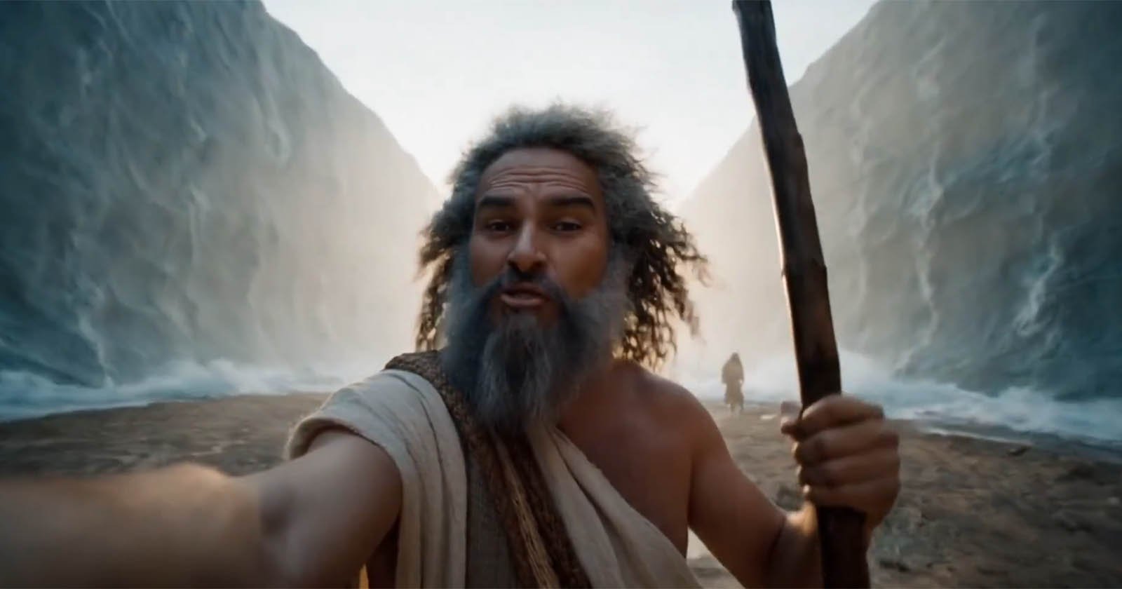 A man with gray hair and a beard holds a staff and reaches toward the camera, standing between two towering walls of parted water with another figure visible in the distance.